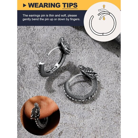 🆕 Men Black Stud Huggie Earrings Punk Rock Sterling Stainless Steel Dinosaur - Picture 5 of 7